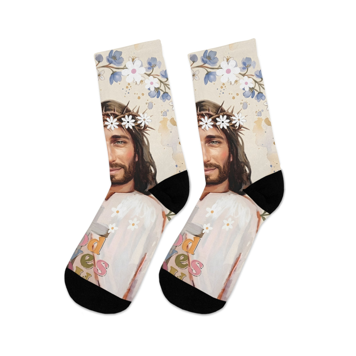 Jesus Portrait Socks — 'God Loves You' Floral Crew Socks (Recycled Poly)