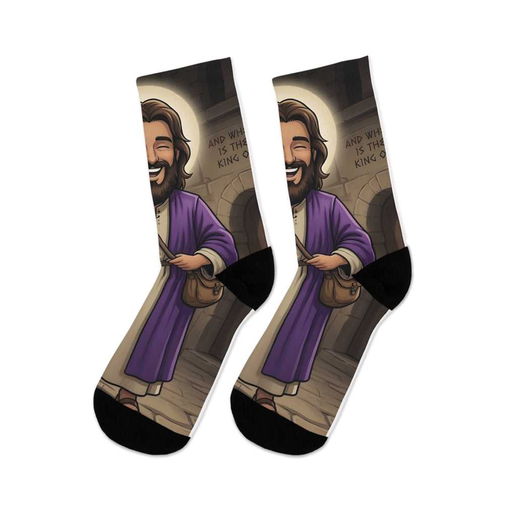 Jesus Cartoon Socks — Recycled Poly Christian Crew Socks