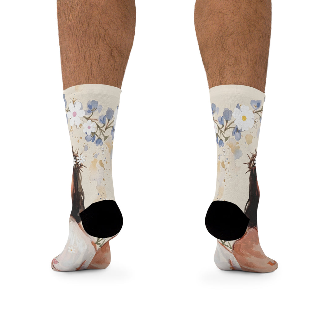Jesus Portrait Socks — 'God Loves You' Floral Crew Socks (Recycled Poly)