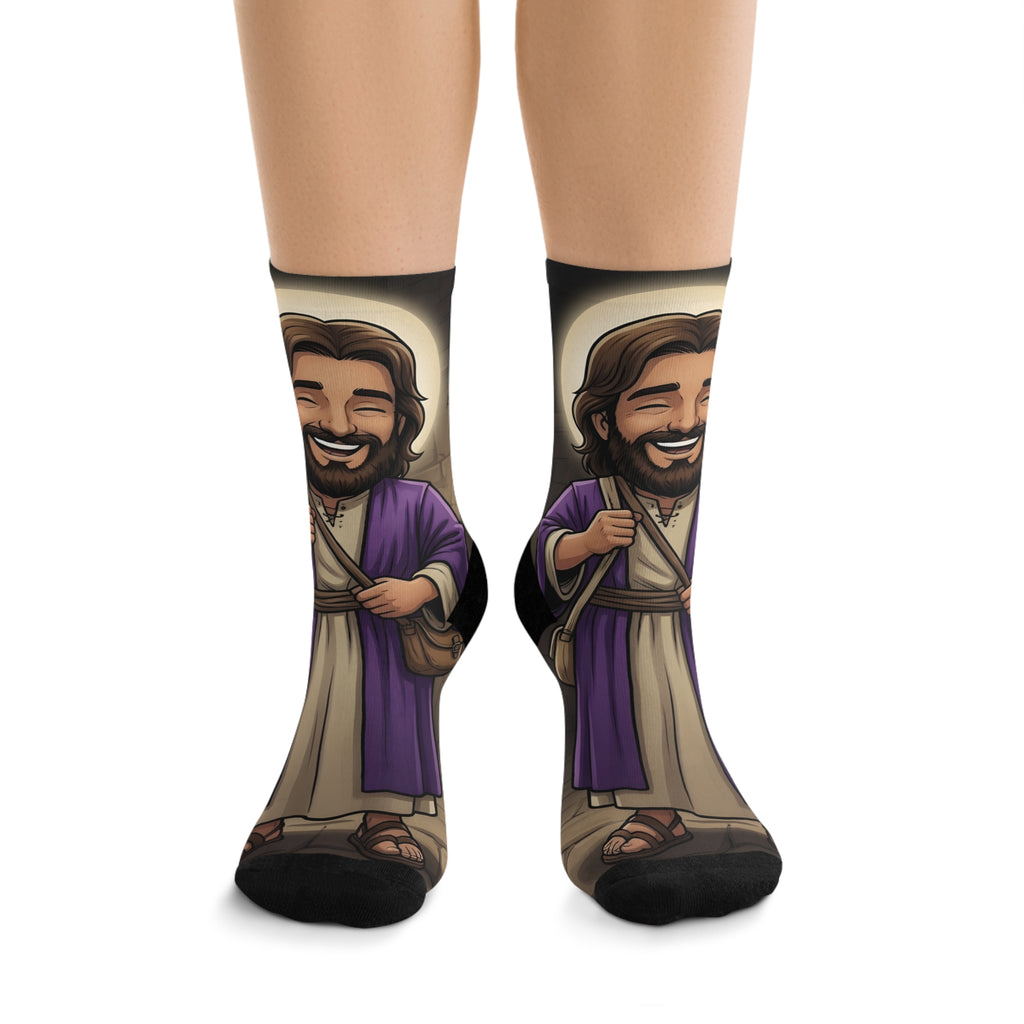 Jesus Cartoon Socks — Recycled Poly Christian Crew Socks