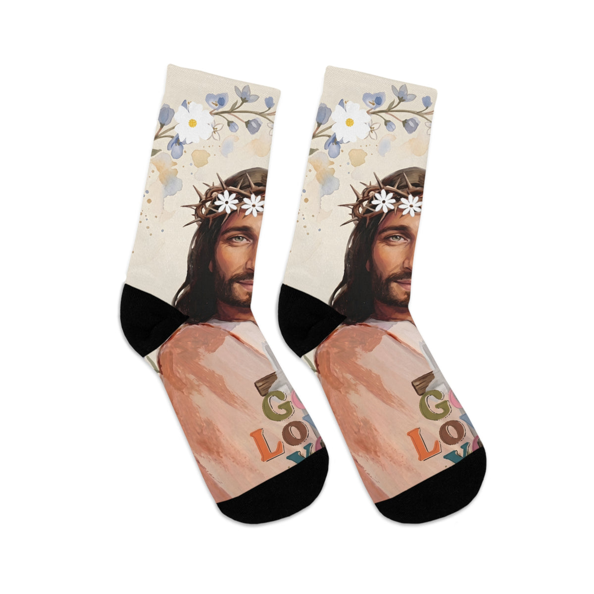 Jesus Portrait Socks — 'God Loves You' Floral Crew Socks (Recycled Poly)