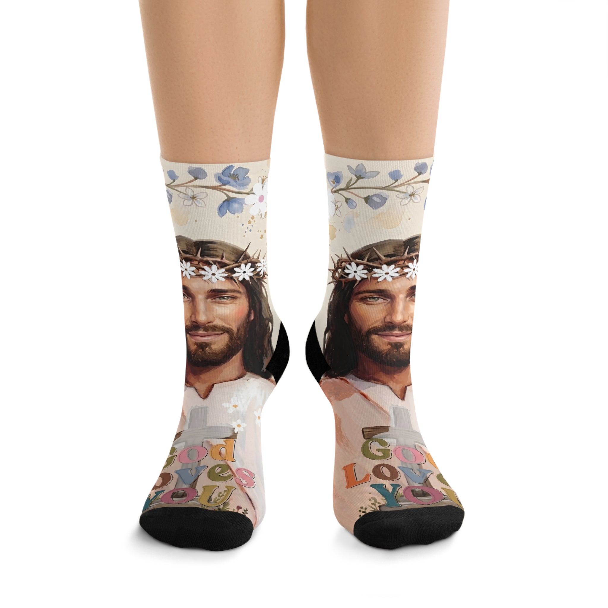 Jesus Portrait Socks — 'God Loves You' Floral Crew Socks (Recycled Poly)
