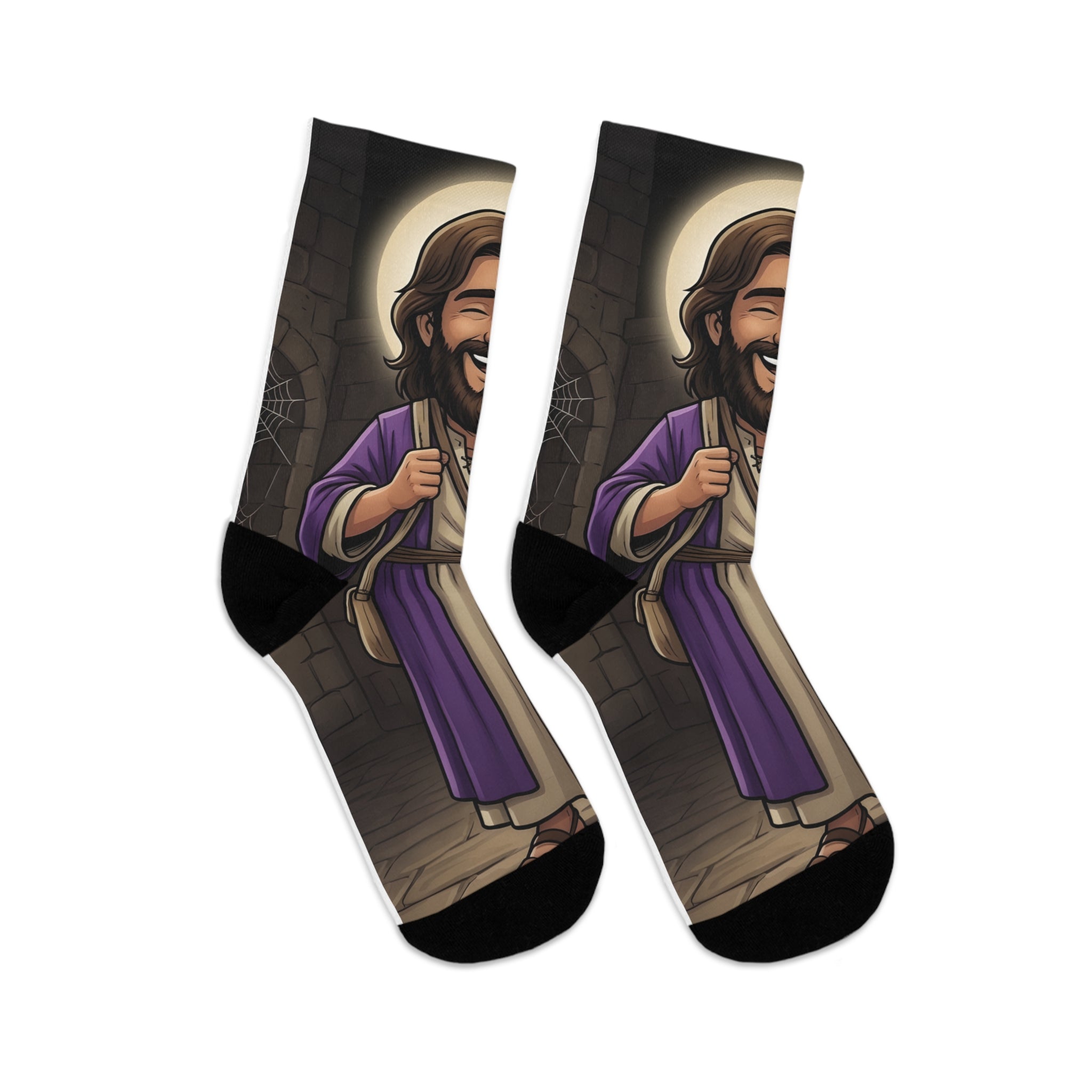 Jesus Cartoon Socks — Recycled Poly Christian Crew Socks