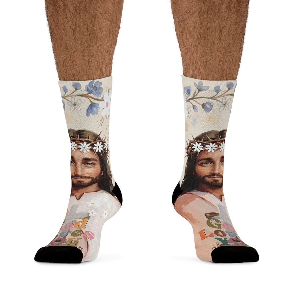 Jesus Portrait Socks — 'God Loves You' Floral Crew Socks (Recycled Poly)