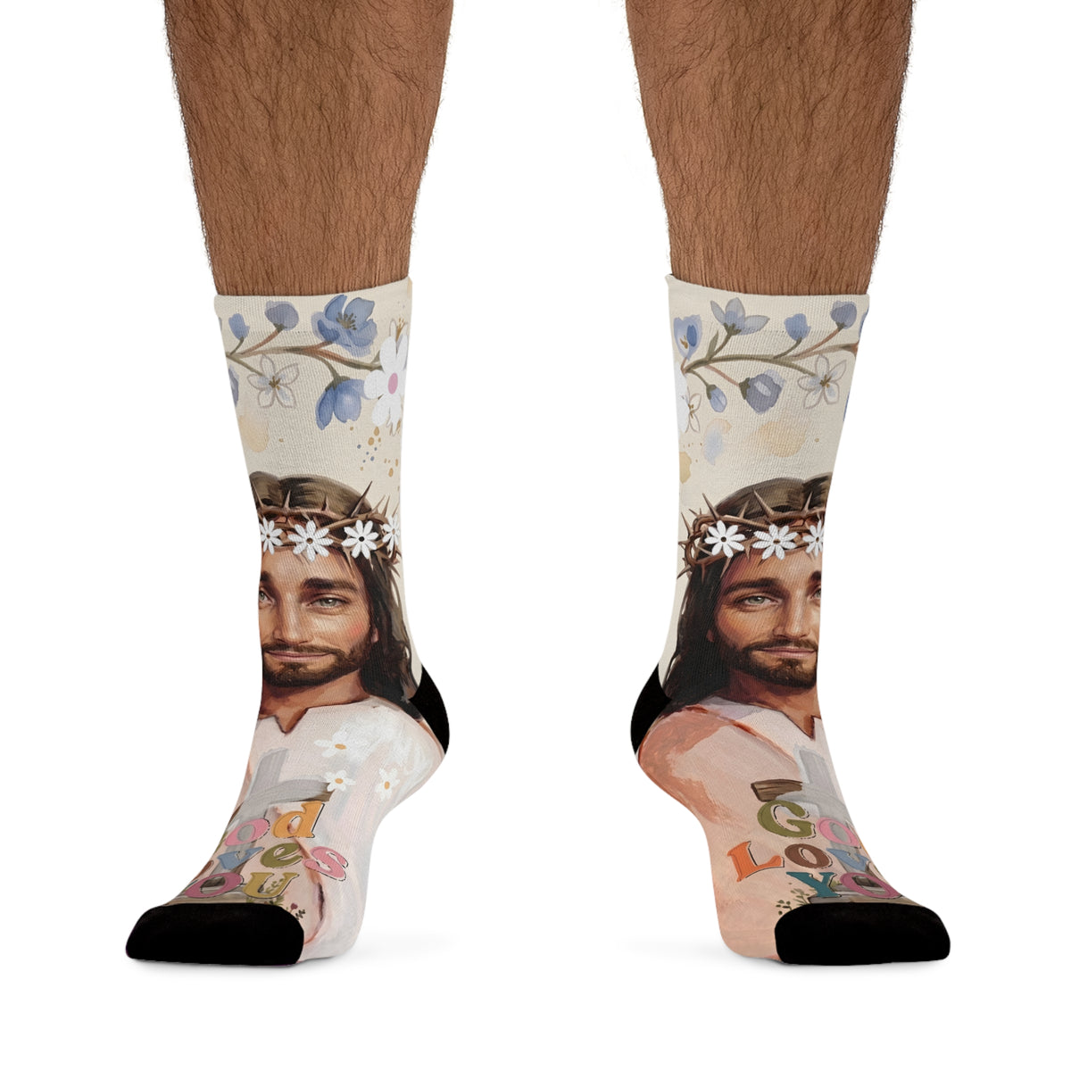 Jesus Portrait Socks — 'God Loves You' Floral Crew Socks (Recycled Poly)
