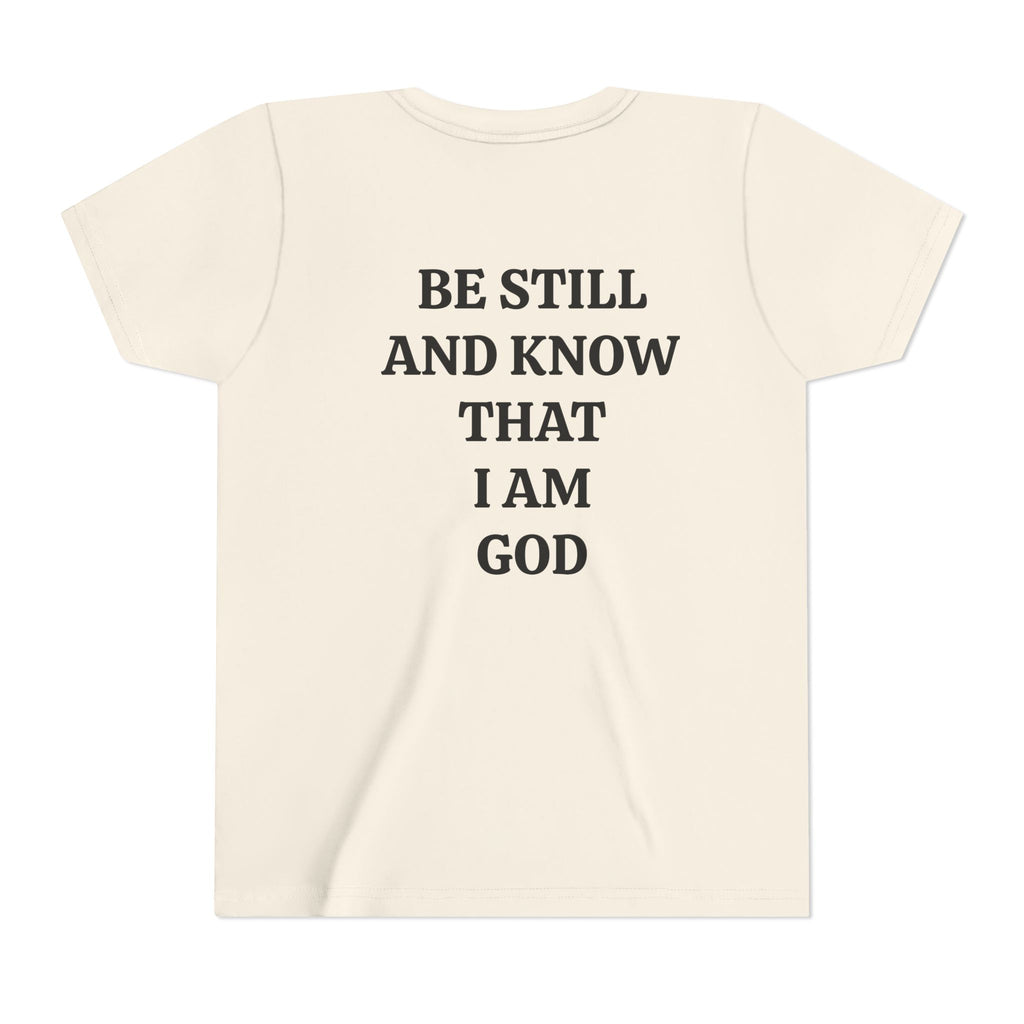 Youth Tee — Retro Jesus Portrait with 'Be Still and Know That I Am God' Inspirational Graphic