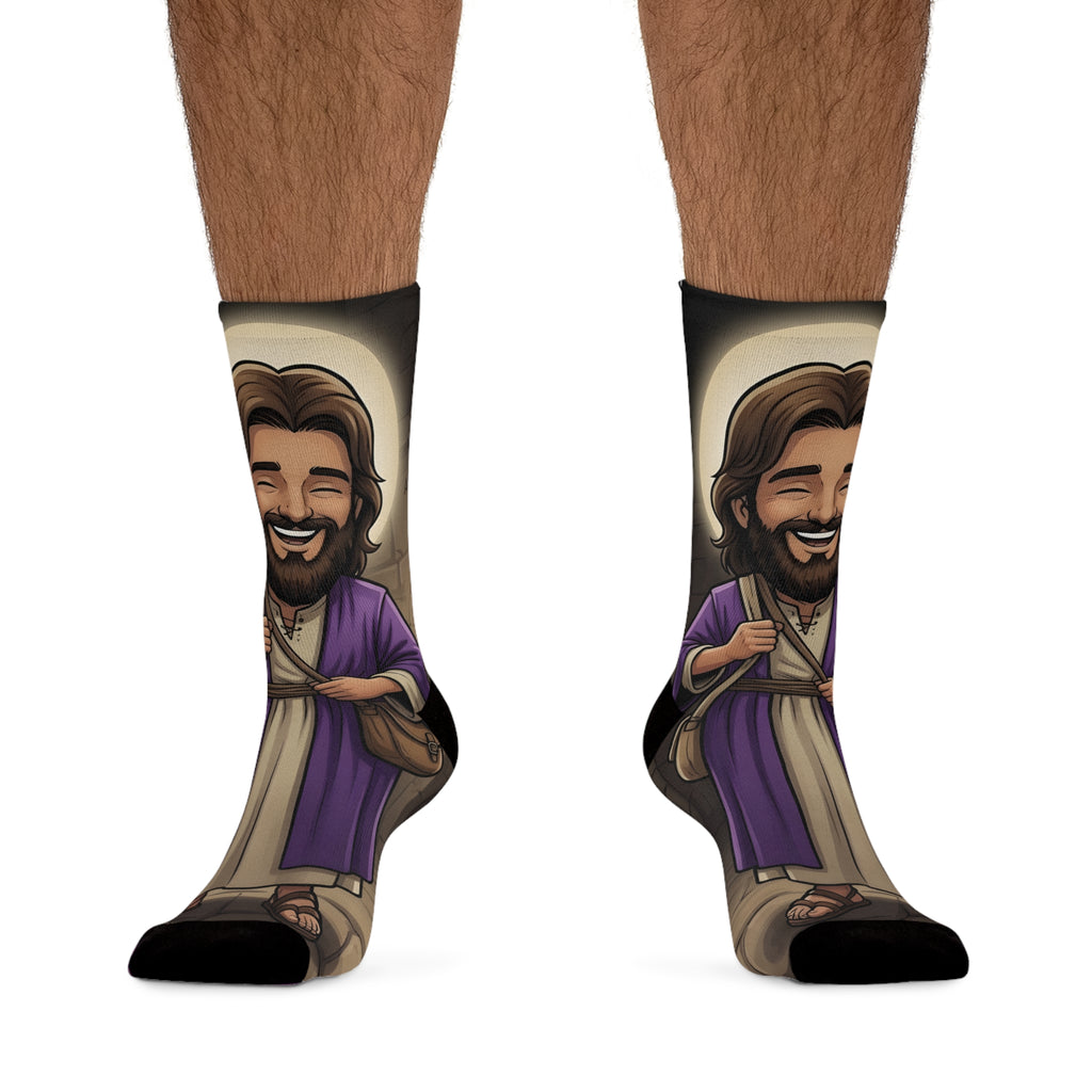 Jesus Cartoon Socks — Recycled Poly Christian Crew Socks