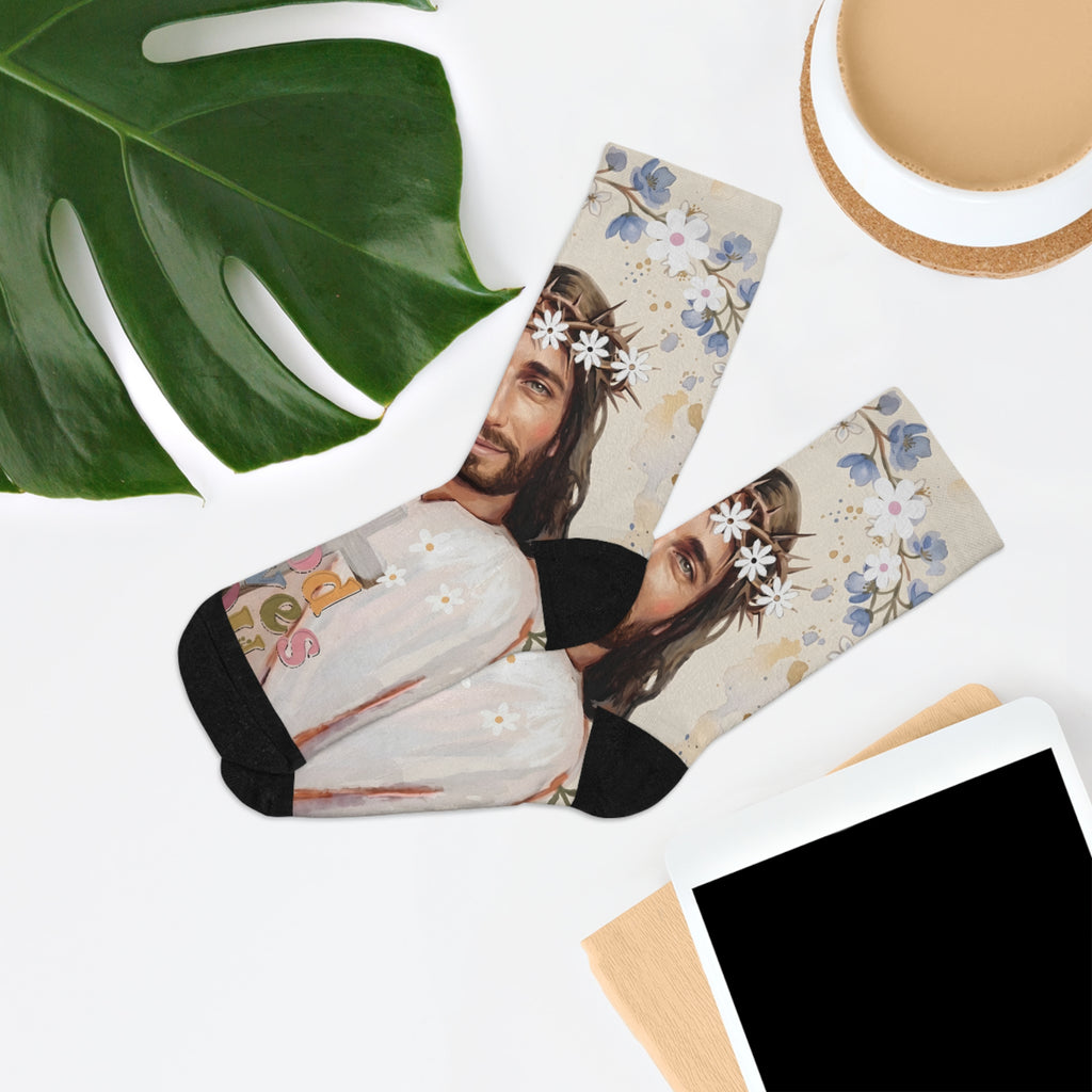 Jesus Portrait Socks — 'God Loves You' Floral Crew Socks (Recycled Poly)