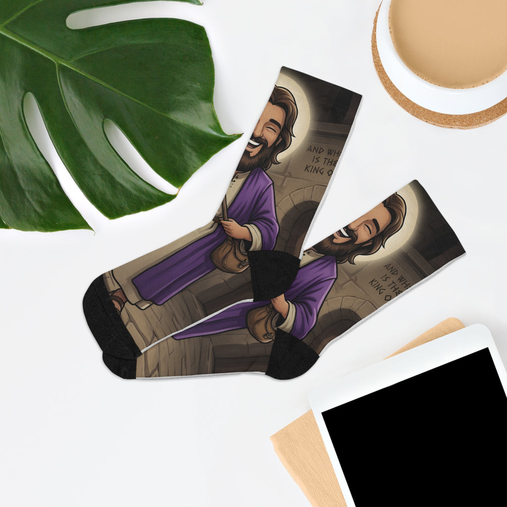 Jesus Cartoon Socks — Recycled Poly Christian Crew Socks