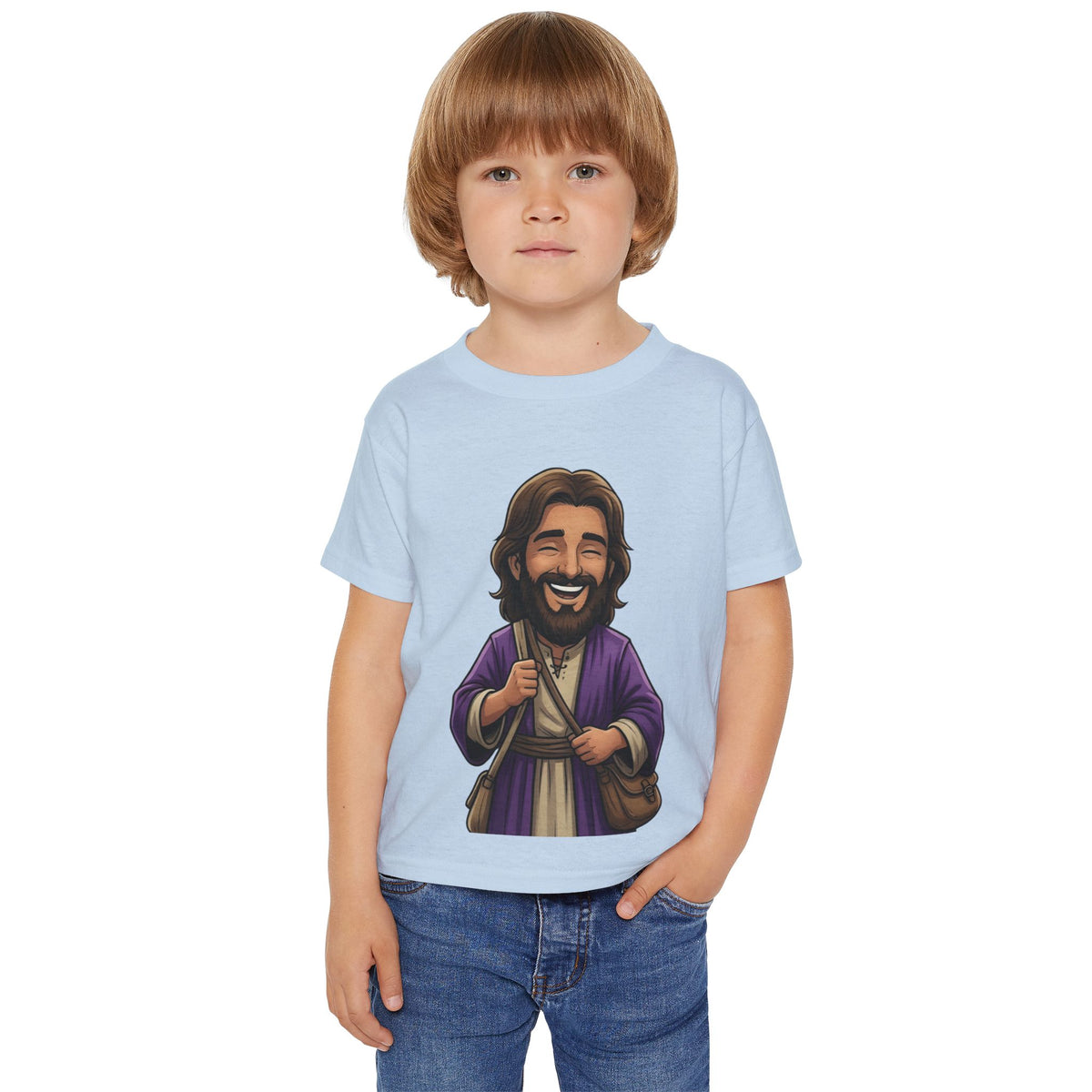 Toddler T-Shirt — Cute Jesus Cartoon Front + "I Am The Light" Back Christian Tee for Kids